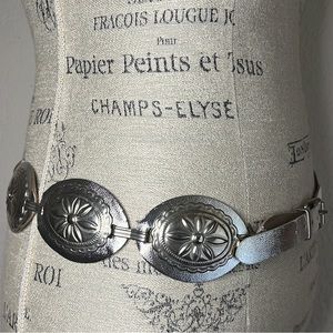 GREY SHINY PATINA METAL SHINY LEATHER DISC HIP/ WAIST Vintage Southwest Belt